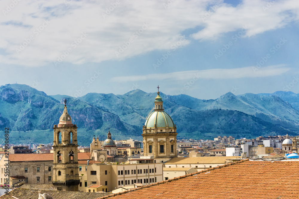 Dome of the Saint Catherine Church with mountains  in Palermo, Italy