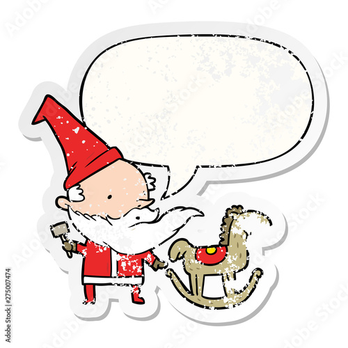 cartoon santa (or elf) making a rocking horse and speech bubble distressed sticker