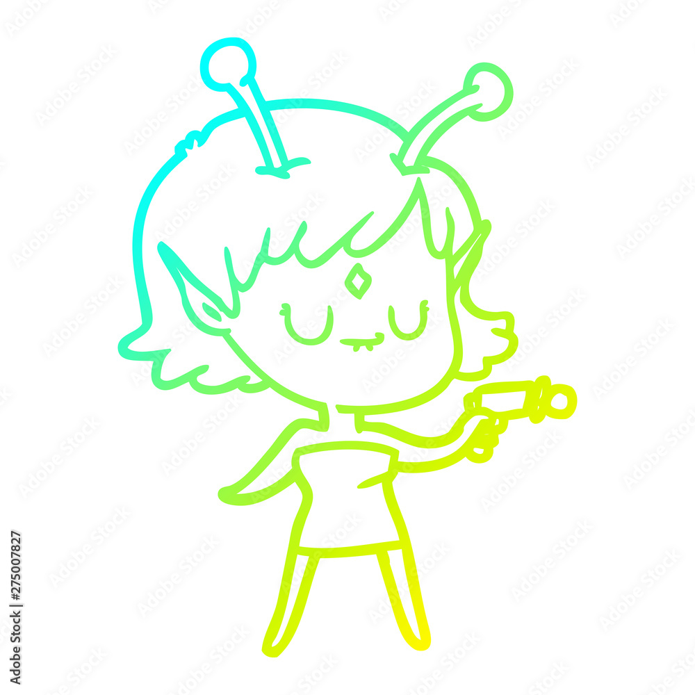 Fototapeta premium cold gradient line drawing cartoon alien girl with ray gun