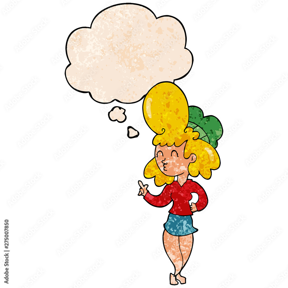 cartoon woman with big hair and thought bubble in grunge texture pattern style cartoon woman with big hair and thought bubble in grunge texture pattern style
