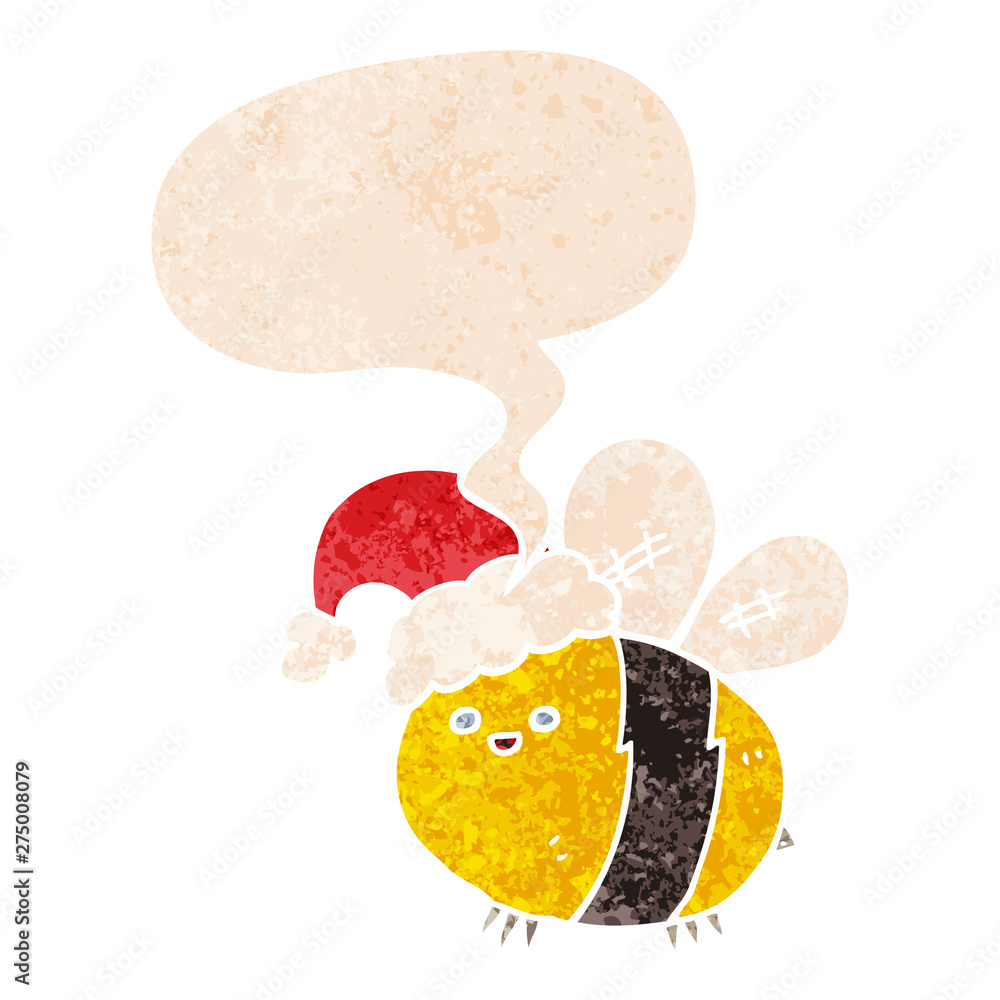 cute cartoon bee wearing christmas hat and speech bubble in retro textured style cute cartoon bee wearing christmas hat and speech bubble in retro textured style