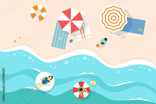 People in summer beach. Flat top view vector illustration.