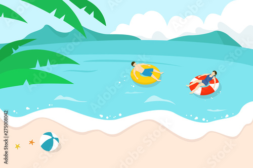 People in summer beach. Flat style vector illustration.