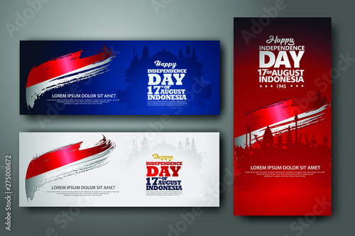 Indonesian Independence day celebration banner set. 17th of August felicitation greeting vector illustration. modern backgrounds with grunge style indonesian flag and silhouette icon city of indonesia photo