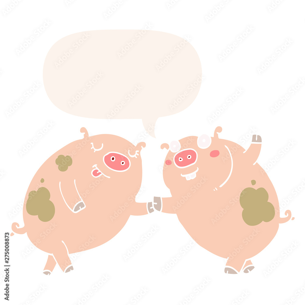 cartoon pigs dancing and speech bubble in retro style cartoon pigs dancing and speech bubble in retro style