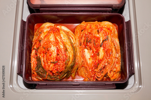 The most famous Korean traditional food Kimchi(napa cabbage) stored in Kimchi refrigerator.