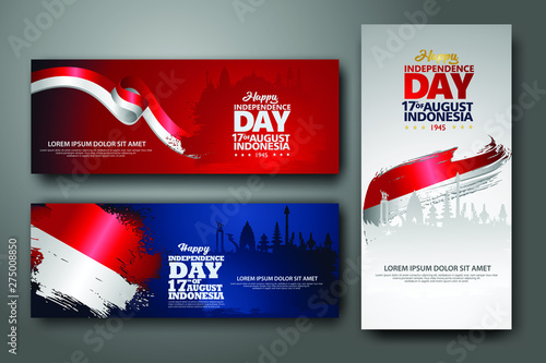 Indonesian Independence day celebration banner set. 17th of August felicitation greeting vector illustration. modern backgrounds with grunge style indonesian flag and silhouette icon city of indonesia