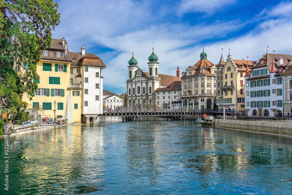 View of the historic city center of Luzern, Jesuitenkirche church and Reuss river, Luzern, Switzerland