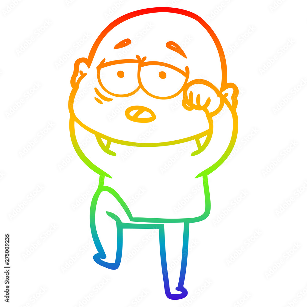 Fototapeta premium rainbow gradient line drawing cartoon tired bald man