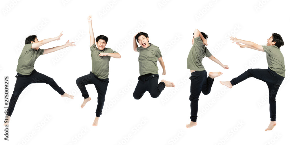 Portrait of happy little Asian child jumping isolated on white Portrait of happy little Asian child jumping isolated on white