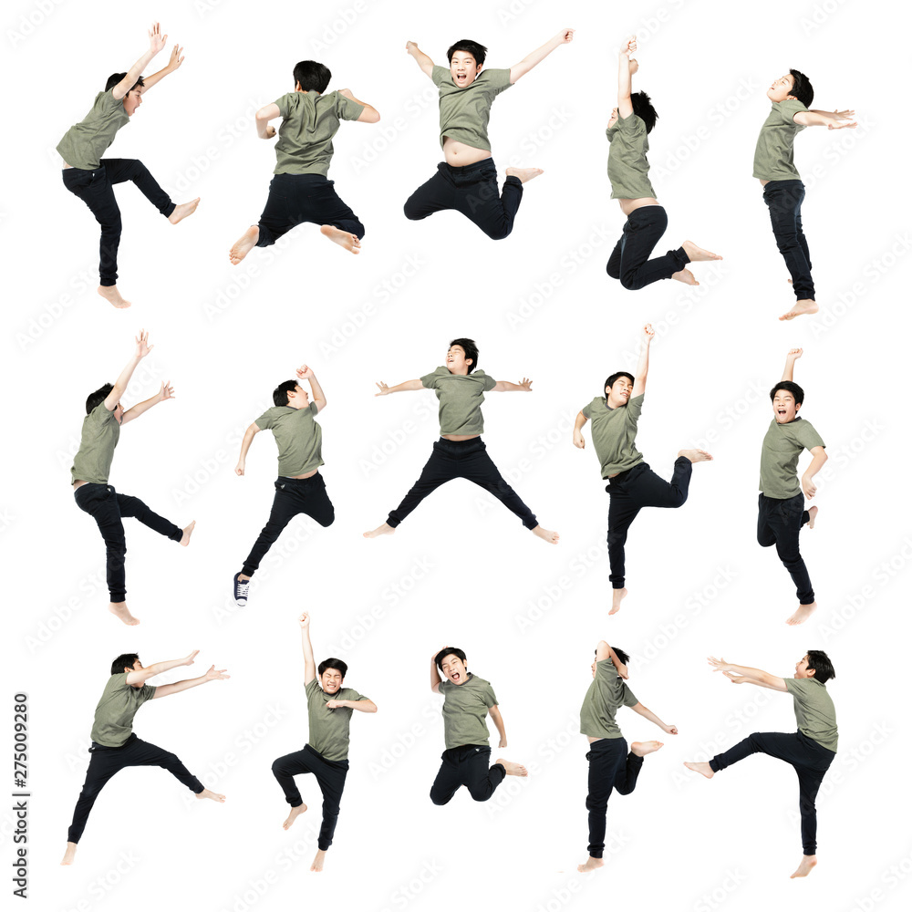 Portrait of happy little Asian child jumping isolated on white Portrait of happy little Asian child jumping isolated on white