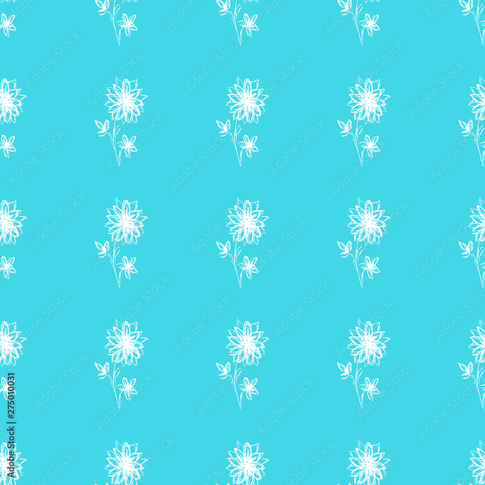 Seamless hand drawn pattern of abstract dandelion flowers isolated on blue background. Vector floral illustration. Cute doodle modern isolated pop art elements. Outline