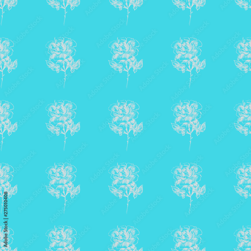 Seamless hand drawn pattern of abstract rose flowers isolated on blue background. Vector floral illustration. Cute doodle modern isolated pop art elements. Outline