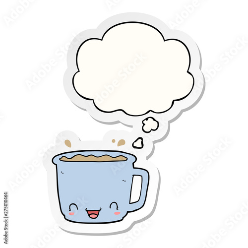 cartoon cup of coffee and thought bubble as a printed sticker