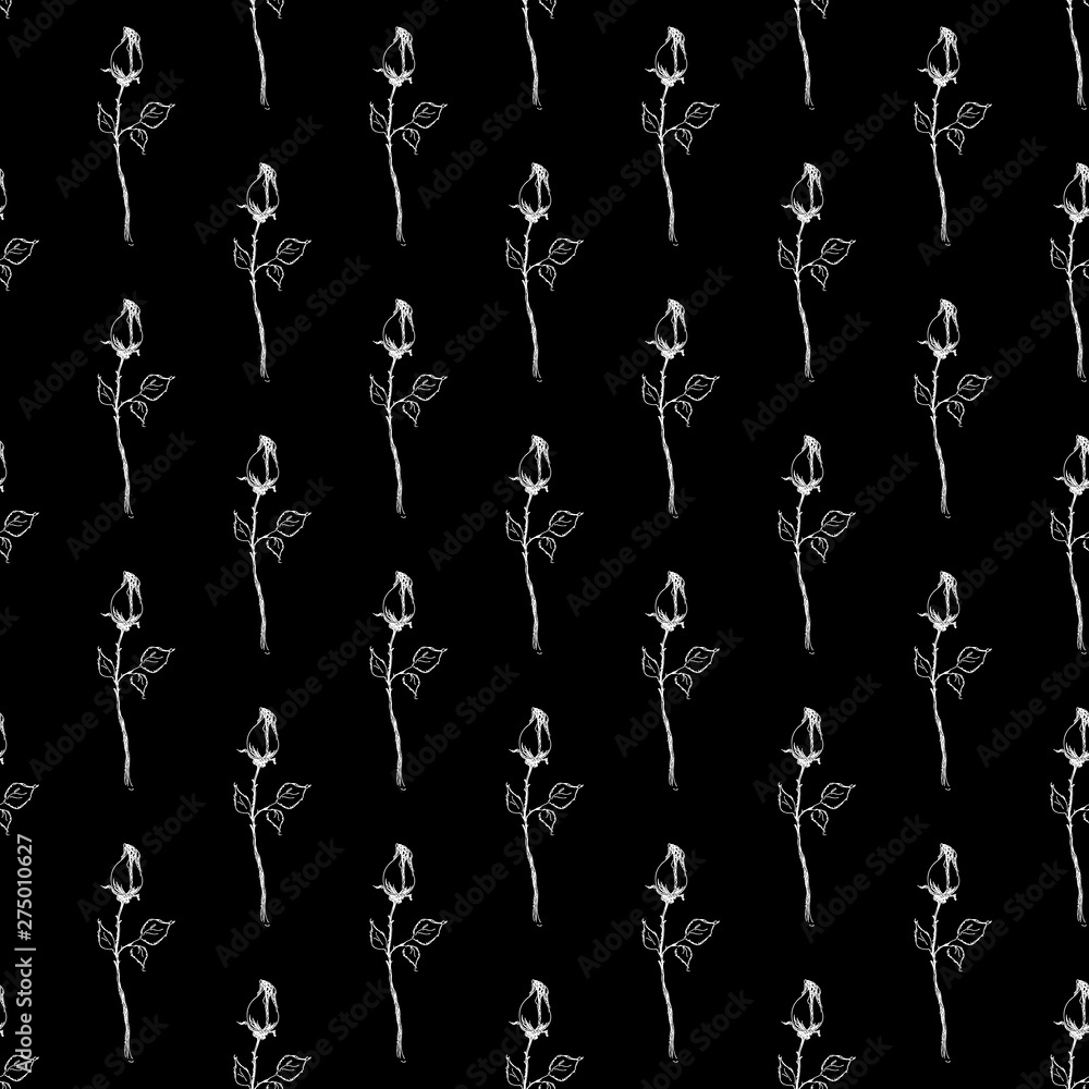 Seamless hand drawn pattern of abstract rose flowers isolated on black background. Vector floral illustration. Cute doodle modern isolated pop art elements. Outline Seamless hand drawn pattern of abstract rose flowers isolated on black background. Vector floral illustration. Cute doodle modern isolated pop art elements. Outline