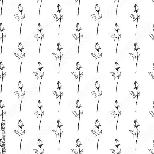 Seamless freehand pattern of abstract rose flowers isolated on white background. Vector floral illustration. Cute doodle modern isolated pop art elements. Outline.
