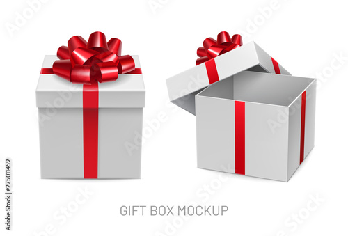 Opened and closed cardboard square boxes with sparkling red ribbon. Festive box for competition winner prize with silk tape decoration. Side view of realistic white 3d container vector illustration.