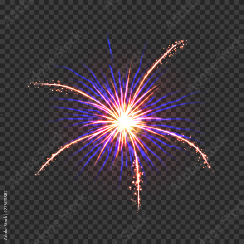 Festive fireworks with bright golden, pink and blue sparks. Colorful pyrotechnics show element. Realistic single firework flash on transparent background. Fantastic light performance in night sky.