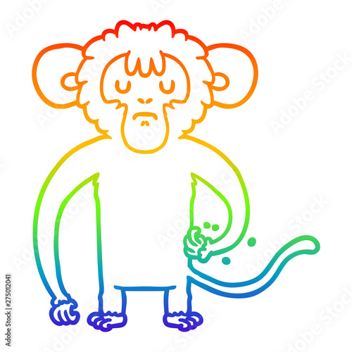 rainbow gradient line drawing cartoon monkey scratching