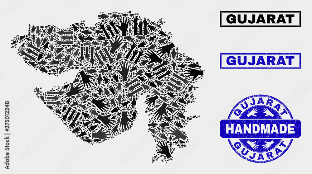 Vector handmade composition of Gujarat State map and unclean seals. Mosaic Gujarat State map is created of random hands. Blue seals with unclean rubber texture. Vector handmade composition of Gujarat State map and unclean seals. Mosaic Gujarat State map is created of random hands. Blue seals with unclean rubber texture.