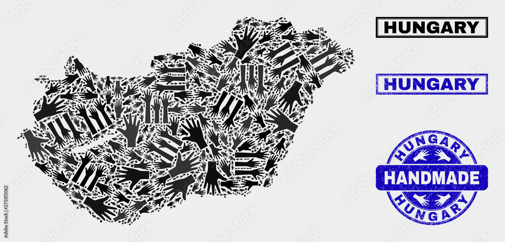 Vector handmade combination of Hungary map and scratched stamps. Mosaic Hungary map is constructed with random hands. Blue watermarks with scratched rubber texture. Vector handmade combination of Hungary map and scratched stamps. Mosaic Hungary map is constructed with random hands. Blue watermarks with scratched rubber texture.