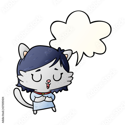 cartoon cat girl and speech bubble in smooth gradient style