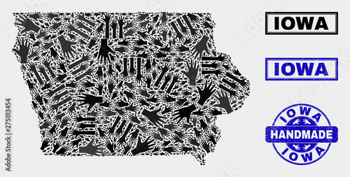 Vector handmade composition of Iowa State map and textured watermarks. Mosaic Iowa State map is created with scattered hands. Blue watermarks with grunge rubber texture.