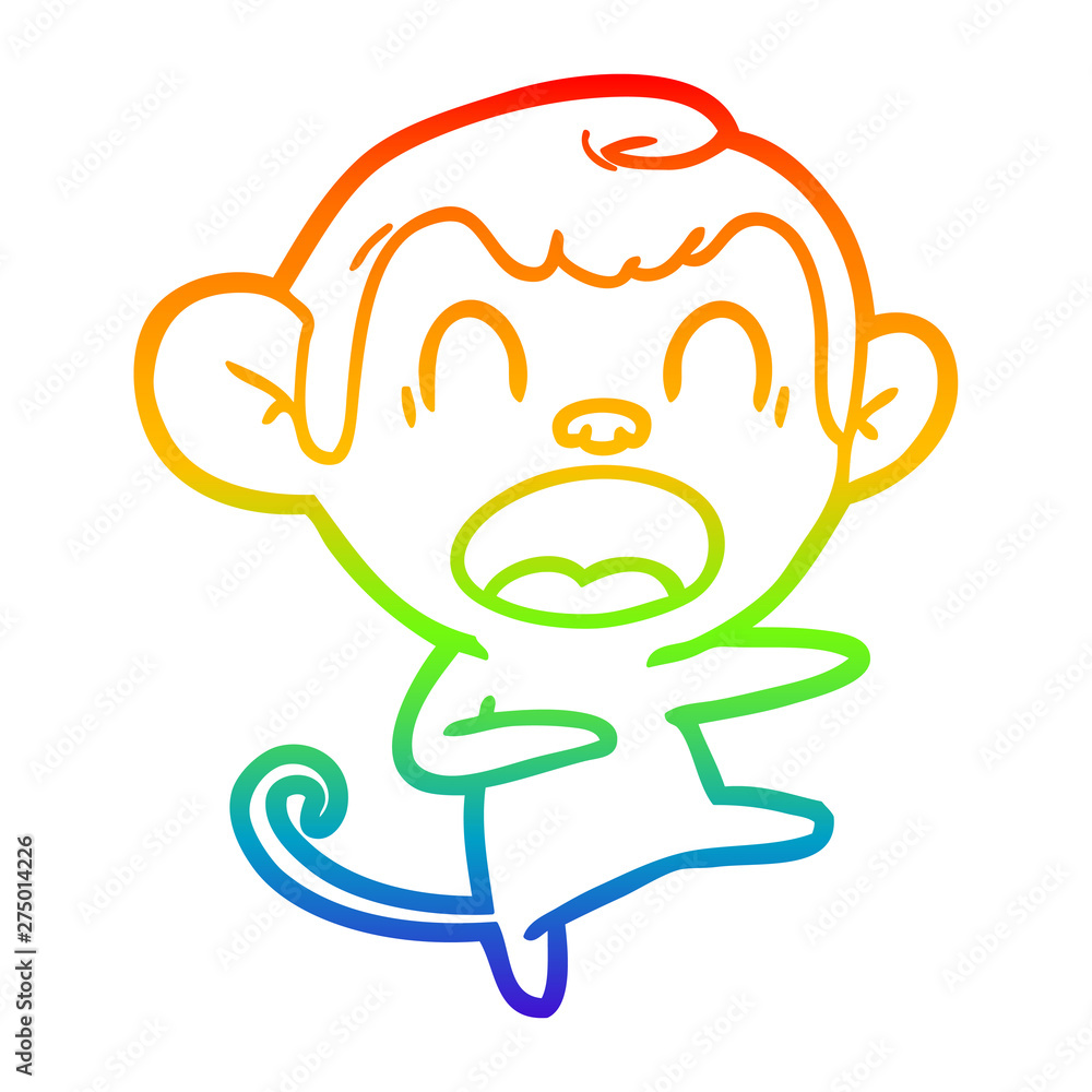 Fototapeta premium rainbow gradient line drawing shouting cartoon monkey dancing