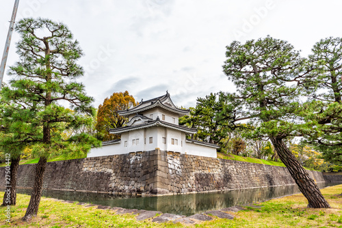 Wide angle closeup view of Nijo Castle fortress wall and moat in spring with pruned bonsai trees and sky