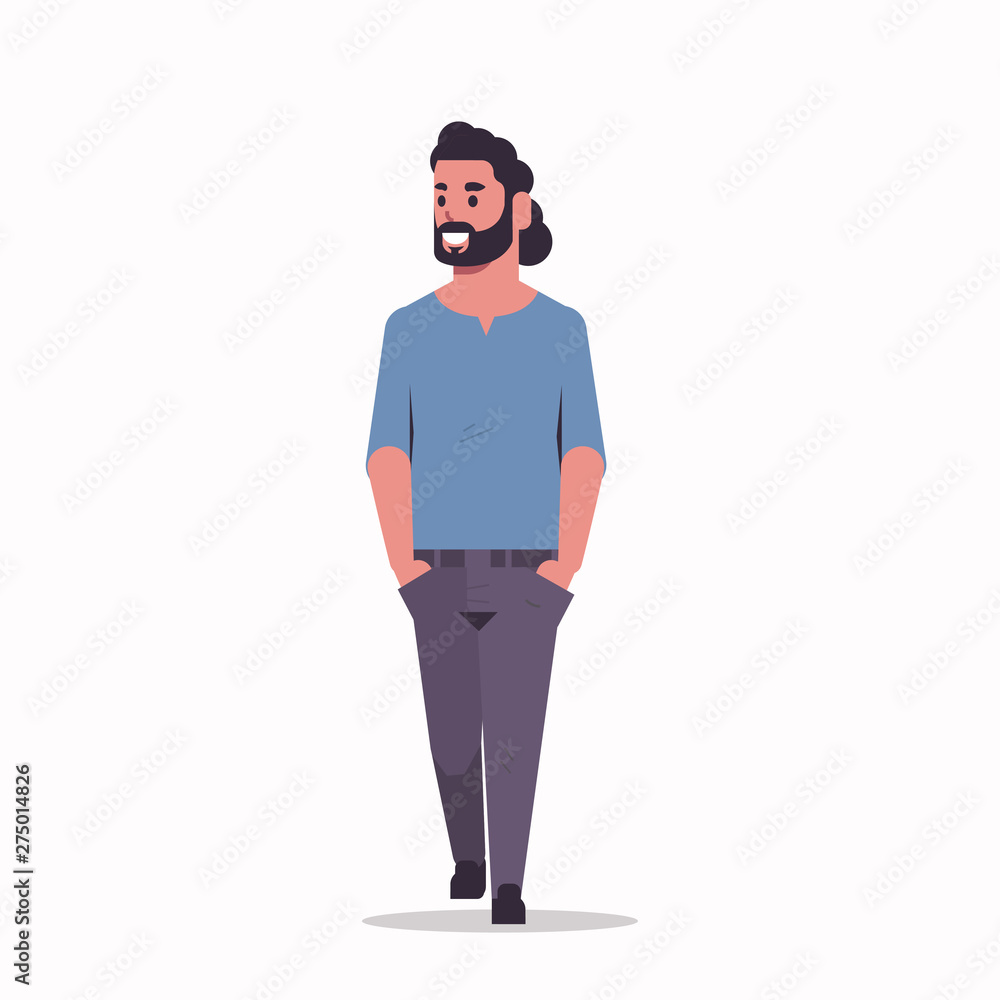 arabic businessman standing pose arab bearded man wearing casual clothes arabian male cartoon character full length flat white background