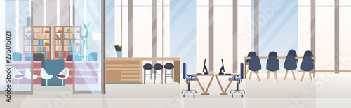 empty no people creative co-working center conference training room with round table workspace creative office interior flat horizontal banner