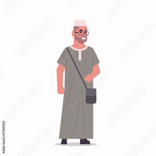 arabic businessman in glasses standing pose arab man wearing traditional clothes arabian male cartoon character full length flat white background