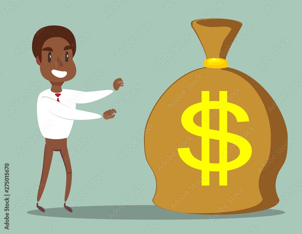 Cartoon black african american businessman pick up money lying on the ground. Vector illustration on finding easy money and get-rich-rich concept.