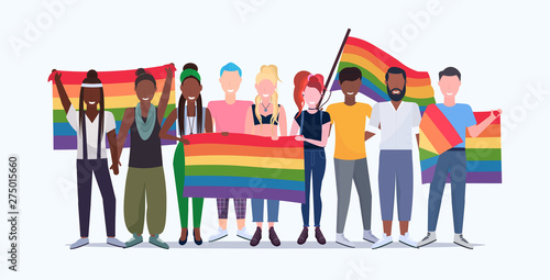 people group holding rainbow flag lgbt pride festival concept mix race gays lesbians crowd celebrating love parade standing together full length flat horizontal