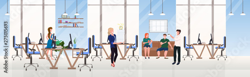 businesspeople office workers successful teamwork concept hardworking process open space creative co-working center modern workspace cabinet interior flat horizontal full length