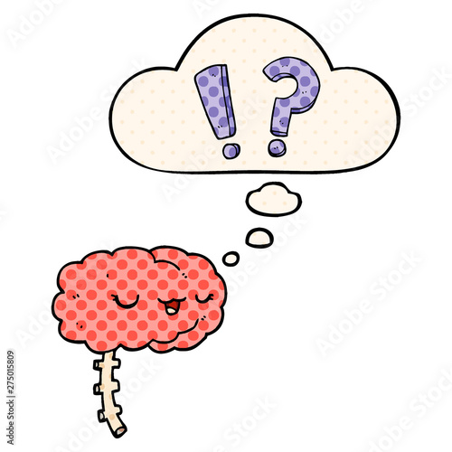cartoon curious brain and thought bubble in comic book style
