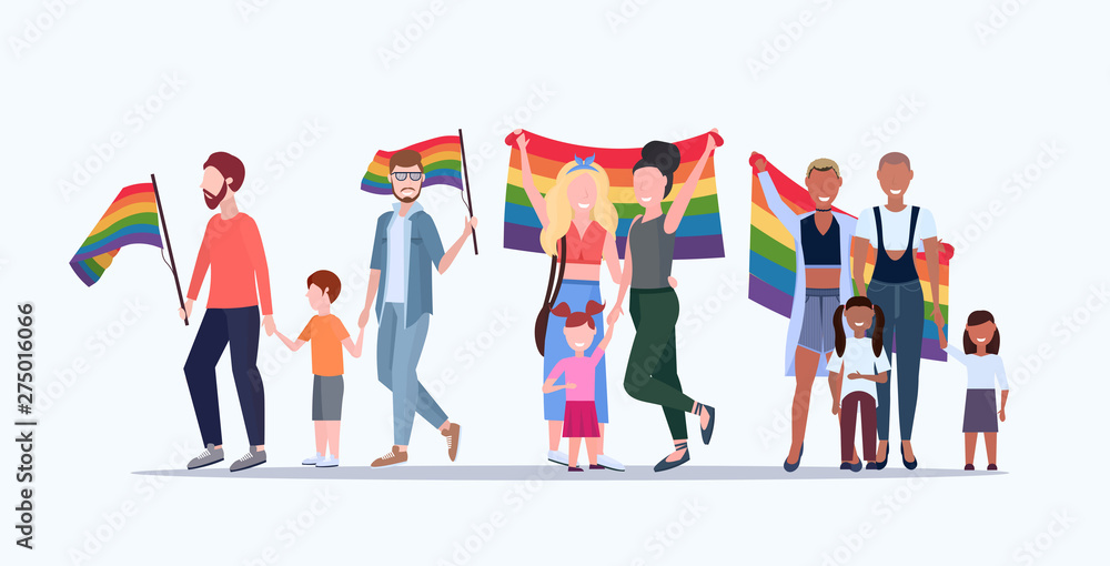 Vetor do Stock: gays and lesbians with children holding rainbow flag  lesbian gay same sex mix race parents group love parade lgbt pride festival  concept flat full length horizontal | Adobe Stock