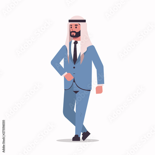 arabic businessman in hijab standing pose arab bearded business man wearing elegant suit arabian male cartoon character full length flat white background