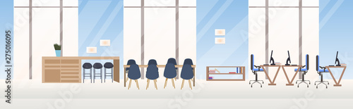 empty no people creative co-working workspace center conference training room with round table workspace modern office interior flat horizontal banner