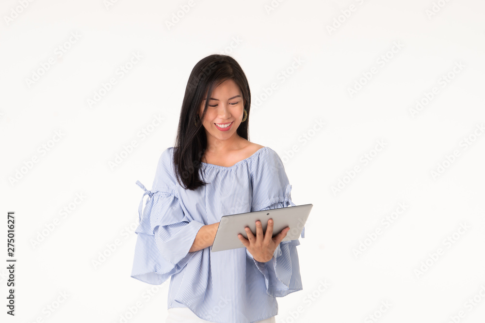 Portrait Young Asian woman is working on her e-commerce business isolated on white background Portrait Young Asian woman is working on her e-commerce business isolated on white background