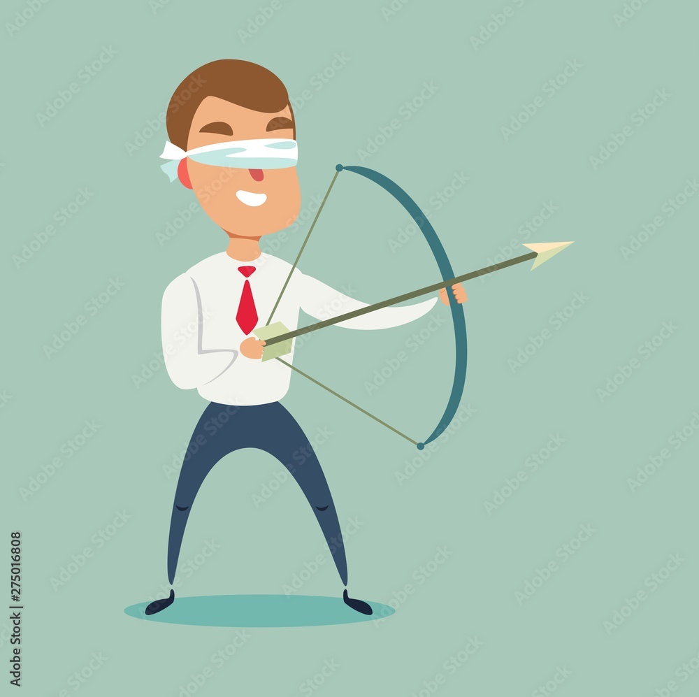 Blindfolded businessman shooting arrow. Missed the target. Blindfolded businessman shooting arrow. Missed the target.