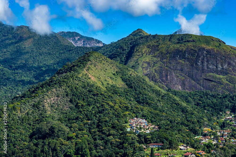 Mountains and city. Beauty of the mountains. Mountain of the Finger of God. City of Teresopolis, state of Rio de Janeiro, Brazil, South America.