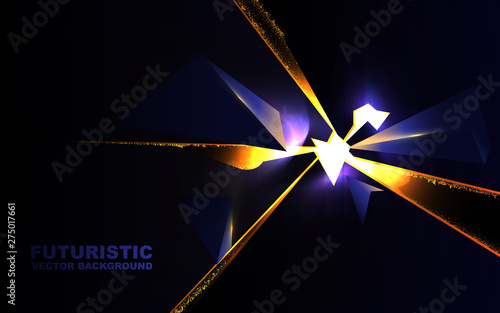 Abstract 3d geometric background with triangles and glitters golden light. Explosion power design with crushing surface concept. Design vector template for use element cover, wallpaper, poster, banner
