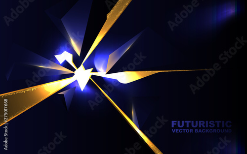 Abstract 3d geometric background with triangles and glitters golden light. Explosion power design with crushing surface concept. Design vector template for use element cover, wallpaper, poster, banner