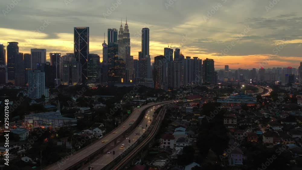 sunset time kuala lumpur cityscape downtown traffic road aerial panorama 4k malaysia sunset time kuala lumpur cityscape downtown traffic road aerial panorama 4k malaysia