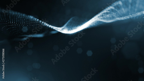 3d rendering background of glowing particles with depth of field, bokeh. Microworld or sci-fi theme. Particles form line and 3d surface grid. Blue 13