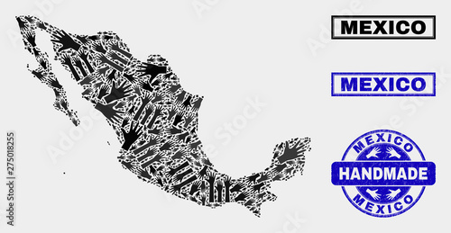 Vector handmade composition of Mexico map and grunge stamp seals. Mosaic Mexico map is done of random hands. Blue seals with grunge rubber texture. Flat design for handmade marketing templates.