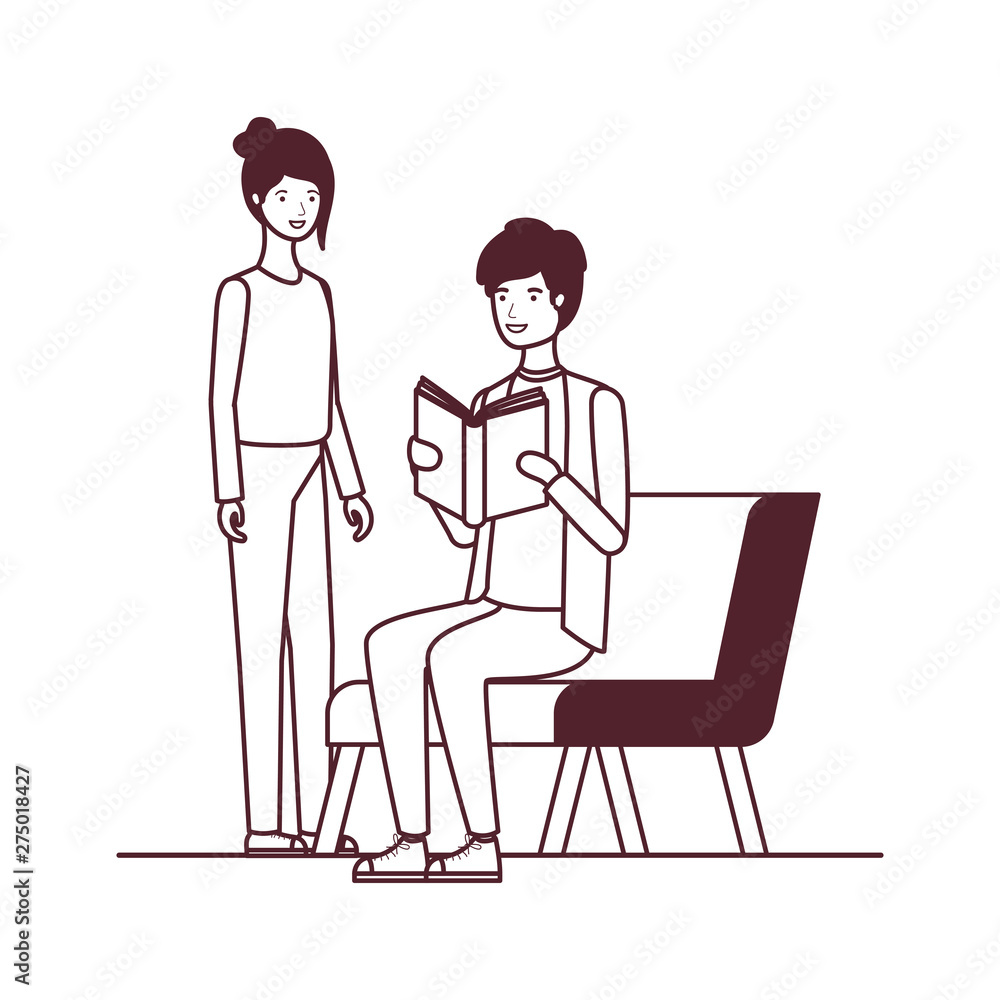 silhouette of couple sitting on chair with book in hands silhouette of couple sitting on chair with book in hands