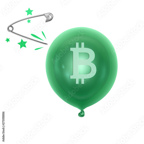 An inflatable ball with a bitcoin symbol a needle. The symbol of the downfall of bitcoin, Vector illustration