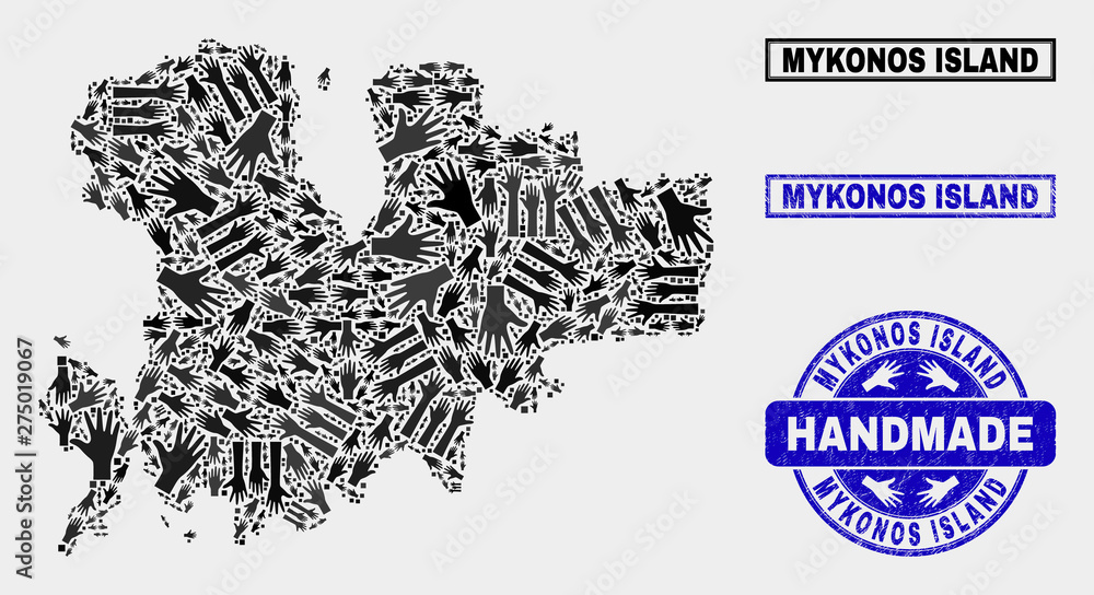 Vector handmade composition of Mykonos Island map and corroded stamps. Mosaic Mykonos Island map is made of scattered hands. Blue seals with corroded rubber texture. Vector handmade composition of Mykonos Island map and corroded stamps. Mosaic Mykonos Island map is made of scattered hands. Blue seals with corroded rubber texture.